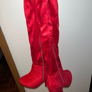 Red thigh high boots